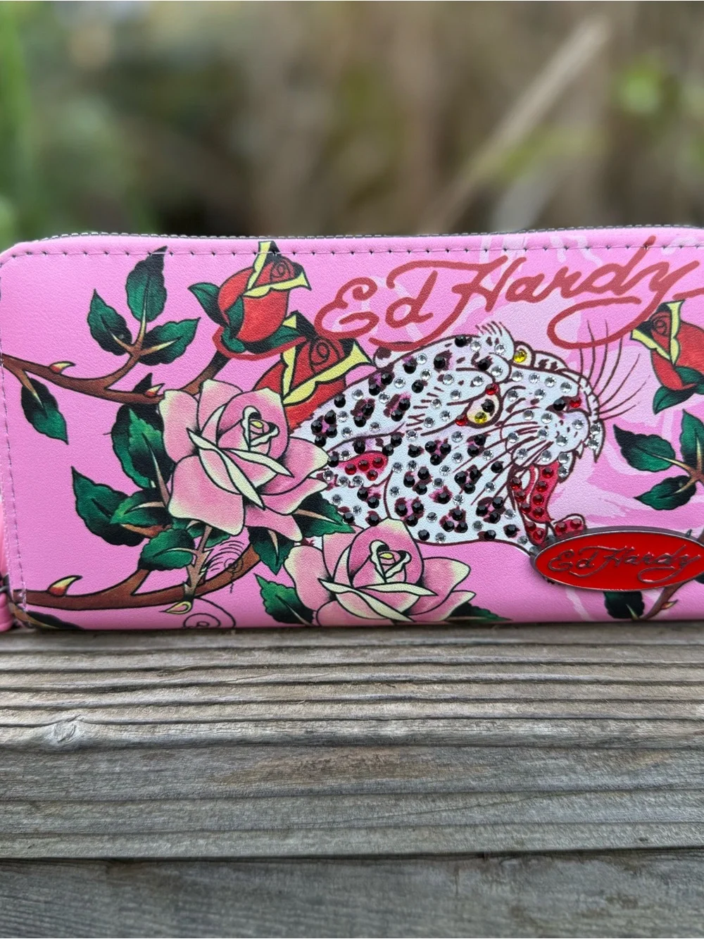 Ed Hardy Pink Floral Leopard Zip-Around Wallet with Rhinestone Detail